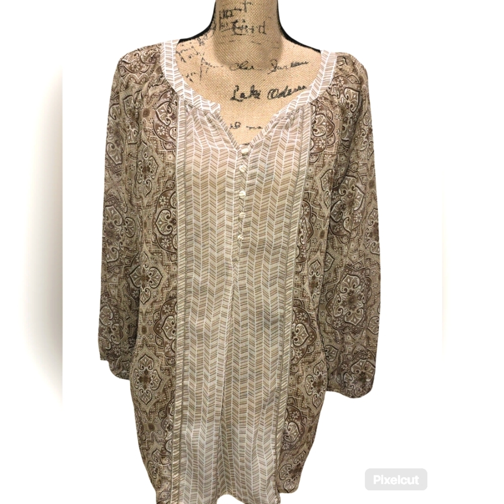 Zac & Rachel Brown and Tan Patterned Blouse -- Size XL